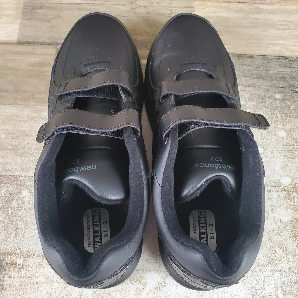 New Balance 577 Shoes Mens‎ Sz 10.5 2A Black Leather Hook & Loop Sneakers